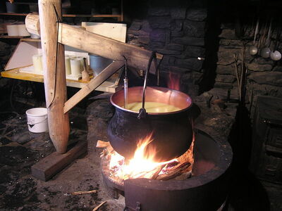 Sheep's milk is heated in a pot