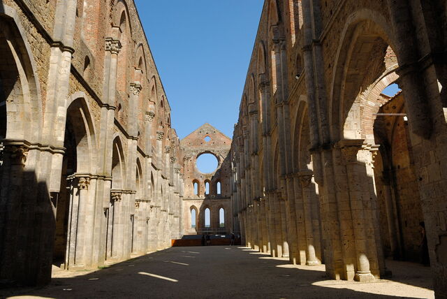 San Galgano without the roof under a blue sky