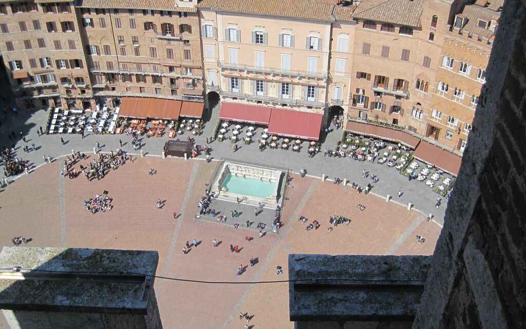 Piazza del Campo in Siena from the bell tower.