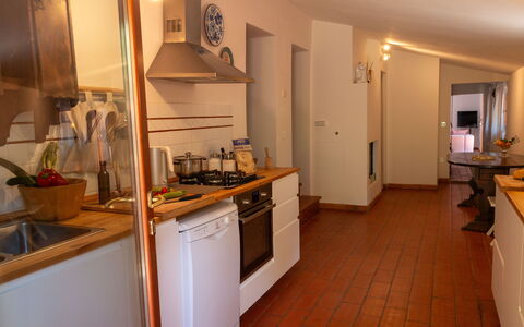 Podere Il Doccio: Kitchen, Kitchen Appliance, Countertop, Flooring, Major Appliance, Furniture, Interior Design, Floor, Wood, Cabinetry