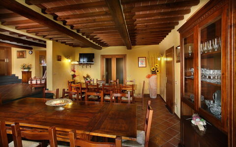 Sughera Villa: Building, Room, Property, Interior Design, Ceiling, Furniture, Dining Room, Beam, Table, Real Estate