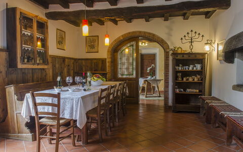 Villa Flora: Property, Building, Room, Furniture, Interior Design, Dining Room, Real Estate, Table, Restaurant, Ceiling