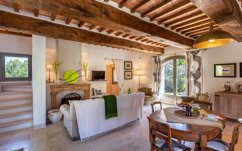 Villa Melinda: Property, Building, Room, Interior Design, Furniture, Ceiling, House, Living Room, Beam, Estate