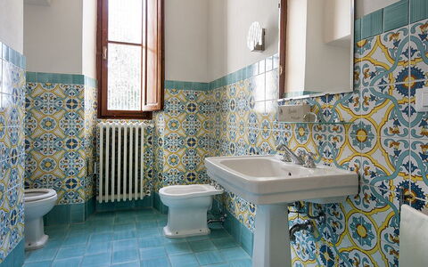 Villa Le Volte: Bathroom, Room, Tile, Property, Blue, Floor, Interior Design, Wall, Ceramic, Architecture