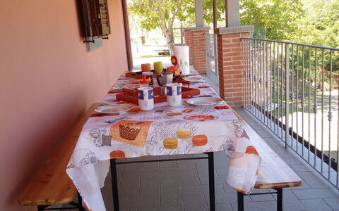 Villa Leo: Property, Room, Building, Tablecloth, Furniture, Table, Real Estate, House, Interior Design, Porch