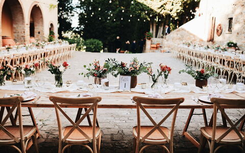 Quercia Al Poggio - Weddings And Events: Decoration, Table, Furniture, Plant, Tablecloth, Chair, Architecture, Interior Design, Yellow, Function Hall