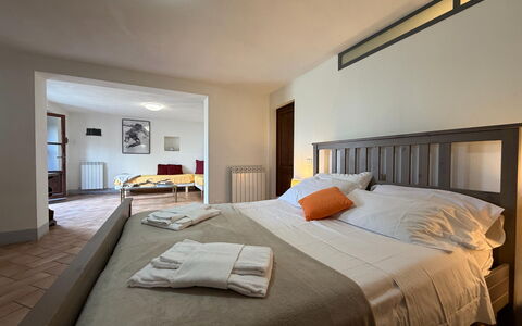 Villa Eleonora: Bed, Furniture, Interior Design, Bedroom, Bedding, Bed Sheet, Floor, Flooring, Wall, Room