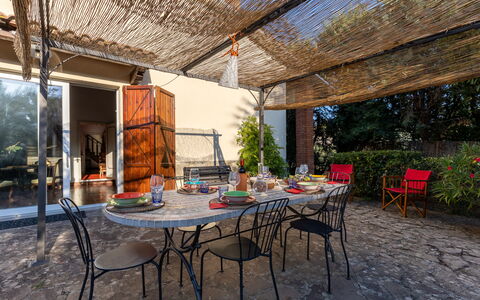 Villa Mimosa: Table, Plant, Furniture, Chair, Shade, Wood, Outdoor Furniture, Tree, Outdoor Table, Leisure