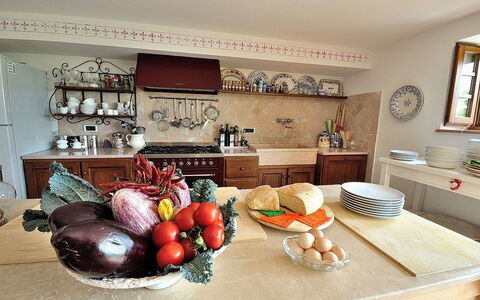 Villa Rosmarino: Room, Property, Countertop, Interior Design, Furniture, Kitchen, House, Home, Living Room, Building