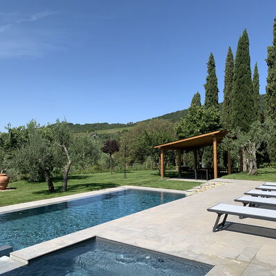 Villa Il Borgo: Water, Sky, Plant, Property, Outdoor Bench, Azure, Swimming Pool, Natural Landscape, Tree, Grass