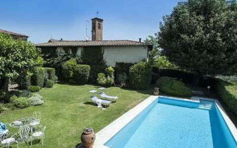 Villa Montalcinello In Siena, Private Pool: Plant, Water, Property, Sky, Tree, Chair, Grass, Building, Swimming Pool, Leisure