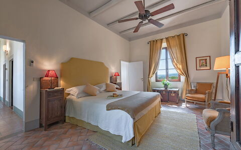 Castello D'Ombrone: Bedroom, Room, Furniture, Bed, Property, Bed Sheet, Ceiling Fan, Ceiling, Interior Design, Building