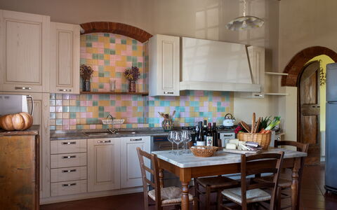 Villa Fabbri: Cabinetry, Countertop, Property, Table, Furniture, Kitchen, Wood, Kitchen Appliance, Interior Design, Lighting