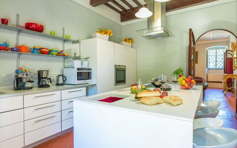 Villa Ivana - Cortona: Countertop, Room, Property, Kitchen, Interior Design, Ceiling, Furniture, Yellow, Building, Green