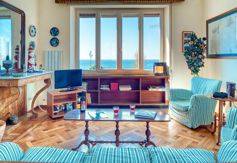 Apartment Mare Bello - Levanto: Room, Furniture, Living Room, Blue, Interior Design, Turquoise, Property, House, Building, Table