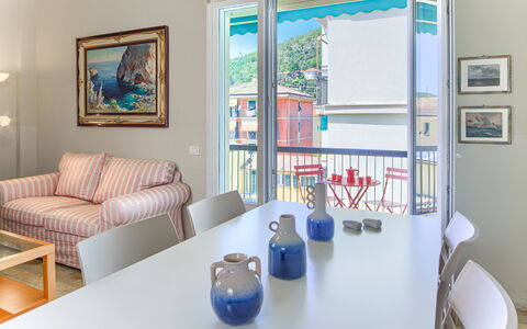 Giulia Apartment 2 - Levanto: Furniture, Picture Frame, Property, Table, Azure, Blue, Interior Design, Couch, Floor, Real Estate