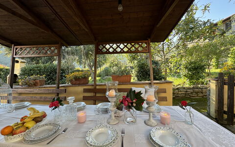 Podere Di Mero Casolare: Furniture, Table, Tablecloth, Chair, Interior Design, Kitchen & Dining Room Table, Linens, Serveware, Restaurant, Dining Room