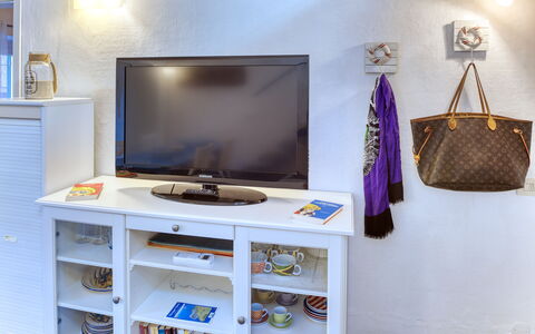 Appartamento Ivana - Levanto: Room, Electronic Device, Television Set, Wall, Shelving, Shelf, Flat Panel Display, Lavender