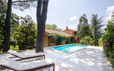 Villa Del Mugello: Sky, Plant, Cloud, Property, Building, Water, Swimming Pool, Tree, Shade, Outdoor Furniture