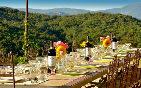 Villa Guardistallo: Sky, Flower, Table, Tableware, Property, Plant, Mountain, Tablecloth, Nature, Chair
