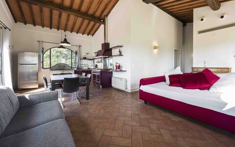 Villa Dell'acquaborra: Furniture, Ceiling, Interior Design, Bed, Chair, Bedroom, Pillow, Houseplant, Living Room