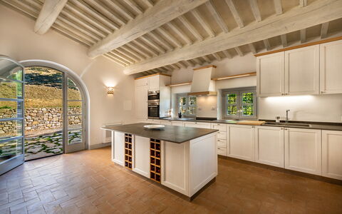 Villa Lucarella: Kitchen, Interior Design, Flooring, Countertop, Wood, Ceiling, Cabinetry, Furniture, Floor, Kitchen Appliance