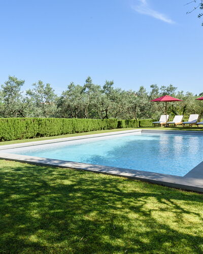 Villa Agnola: Water, Sky, Swimming Pool, Plant, Rectangle, Shade, Residential Area, Grass, Tree, Cloud