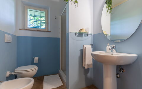 Il Fienile Holiday Home: Mirror, Plumbing Fixture, Bathroom Sink, Sink, Tap, Property, Purple, Bathroom, Blue