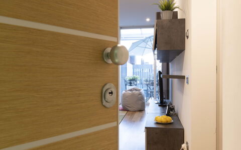 Florence Suite Apartment: Building, Wood, Houseplant, Flowerpot, Door, Shelving, Floor, Flooring, Plant, Hardwood
