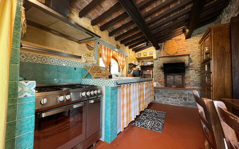Villa Patrizia: Property, Cabinetry, Building, Wood, Countertop, Interior Design, Kitchen, Brick, Floor, Flooring