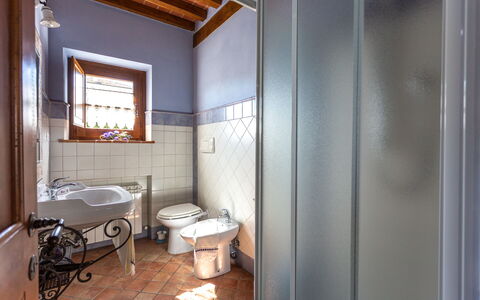Villa Dei Ciliegi: Mirror, Plumbing Fixture, Sink, Bathroom, Window, Building, Wood, Floor, Tap, Flooring
