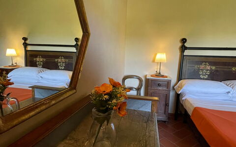 Podere La Sterza: Furniture, Mirror, Comfort, Flower, Building, Lighting, Bed Frame, Lamp, Interior Design, Floor