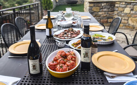 Casale Montanare: Food, Table, Tableware, Furniture, Bottle, Chair, Plate, Wine Glass, Ingredient