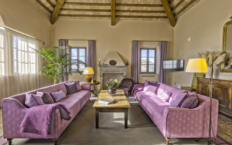 Podere D'Asso: Table, Couch, Plant, Furniture, Property, Window, Picture Frame, Building, Purple, Comfort