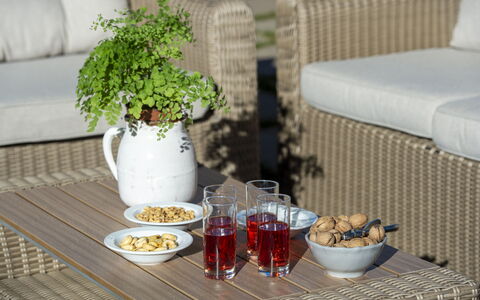 Bella Di Panzano: Table, Food, Plant, Furniture, Tableware, Dishware, Drinkware, Textile, Tablecloth, Interior Design