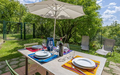 Casa Bosco D'arte Holiday Home , Greve In Chianti,: Table, Plant, Cloud, Property, Furniture, Tableware, Sky, Outdoor Table, Chair, Tree