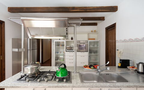 Villa Olivi - Subbiano, Toscana, Pool And Nature: Countertop, Cabinetry, Tap, Building, Sink, Kitchen, Plumbing Fixture, Door, Kitchen Stove, Flooring