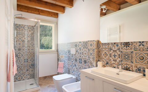 Villa Le Selve: Property, Sink, Plumbing Fixture, Building, Bathroom Sink, Purple, Bathroom, Tap, Bathroom Cabinet, Wood