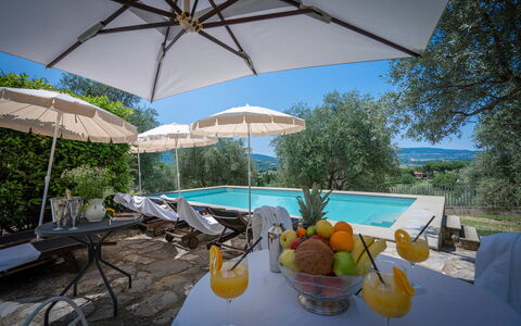 Villa Recanati, Val D'orcia, Private Pool, Jacuzzi: Water, Property, Plant, Furniture, Sky, Table, Azure, Shade, Tableware, Chair