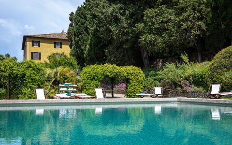 Castello Di Quarate: Water, Plant, Building, Sky, Tree, Natural Landscape, Chair, Cloud, Outdoor Furniture, Swimming Pool