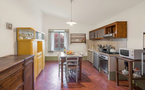 Orcia Panoramic View With Pool: Cabinetry, Property, Furniture, Countertop, Table, Kitchen, Wood, Interior Design, Drawer, Flooring