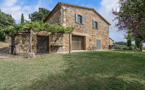 Orcia Panoramic View With Pool: Sky, Cloud, Building, Window, Plant, Tree, House, Land Lot, Vegetation, Natural Landscape