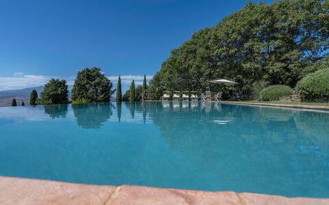 Orcia Panoramic View With Pool: Water, Sky, Plant, Azure, Swimming Pool, Tree, Cloud, Natural Landscape, Leisure, Landscape