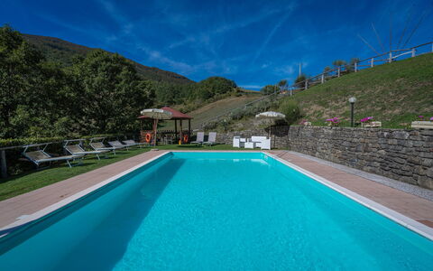La Vecchia Fornace La Piastra Apartments - Abetone: Water, Sky, Cloud, Plant, Swimming Pool, Blue, Azure, Building, Tree, Rectangle