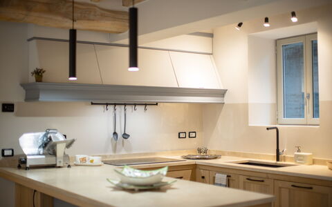 Villa Luana: Cabinetry, Kitchen Sink, Countertop, Building, Window, Sink, Table, Kitchen, Wood, Interior Design