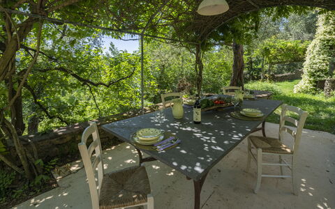 La Casa Dei Limoni, Camaiore, Pet Friendly, Wifi: Furniture, Table, Chair, Outdoor Furniture, Outdoor Table, Kitchen & Dining Room Table, Garden, Shade, Backyard, Spring