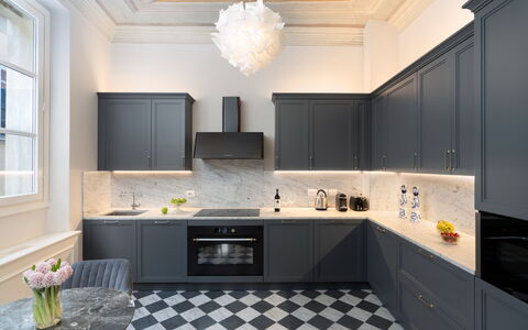 Bargello Penthouse Luxury Apartment in Florence by: Countertop, Cabinetry, Property, Window, Sink, Kitchen, Lighting, Wood, Interior Design, Tap