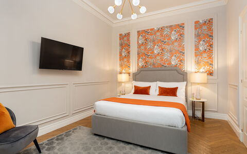 Bargello Penthouse Luxury Apartment in Florence by: Furniture, Property, Building, Comfort, Cabinetry, Wood, Lighting, Orange, Interior Design, Floor