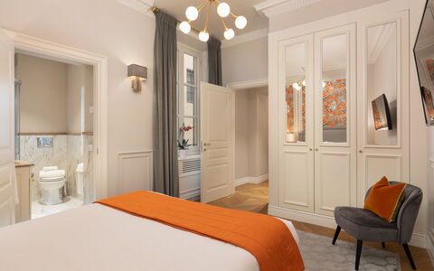 Bargello Penthouse Luxury Apartment in Florence by: Furniture, Property, Cabinetry, Comfort, Picture Frame, Door, Wood, Textile, Orange, Bed Frame