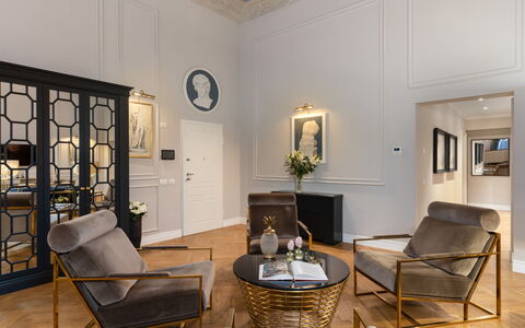 Pazzi Penthouse Luxury Apartment in Florence by Pa: Picture Frame, Table, Furniture, Property, Wood, Chair, Interior Design, Couch, Architecture, Plant